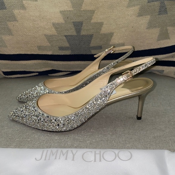 Jimmy Choo Erin 60 latte glitter metallic silver heels pump slingback SZ 39.5 - Picture 2 of 10